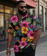Men's Plus Size Hawaiian Pink Floral Print Henry Collar Button Short Sleeve Tee